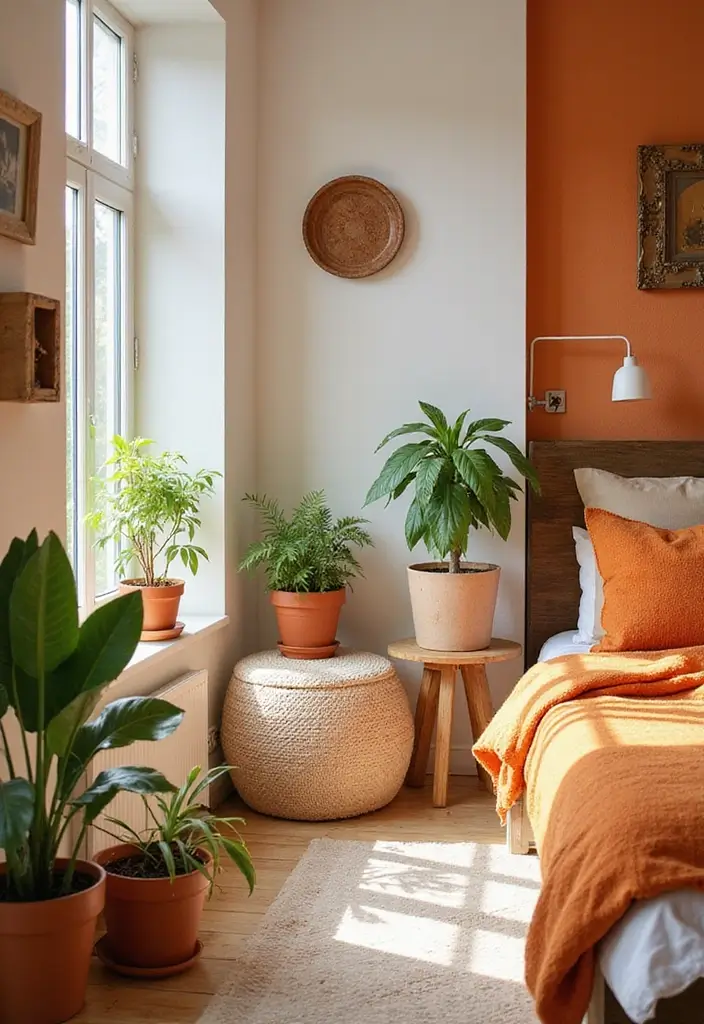 25 Burnt Orange Bedroom Ideas That Feel Warm and Trendy - 10. A Touch of Green