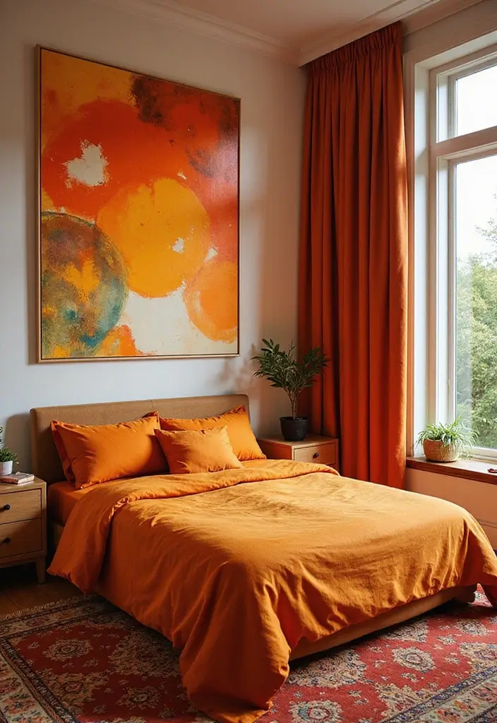 25 Burnt Orange Bedroom Ideas That Feel Warm and Trendy - 13. Colorful Artwork