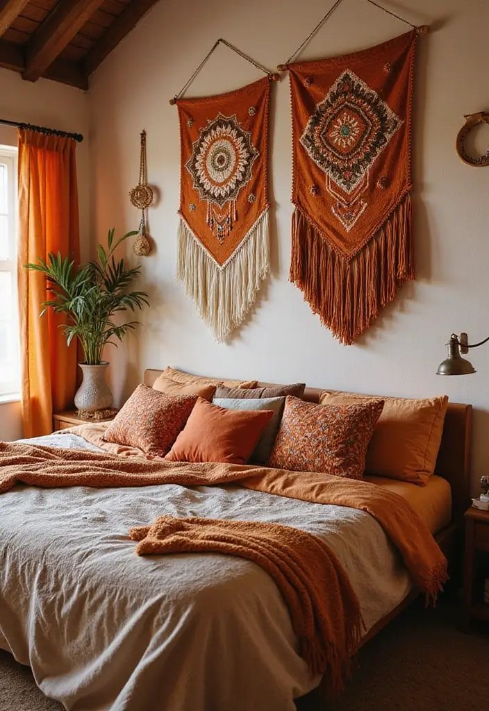 25 Burnt Orange Bedroom Ideas That Feel Warm and Trendy - 15. Boho Wall Hangings