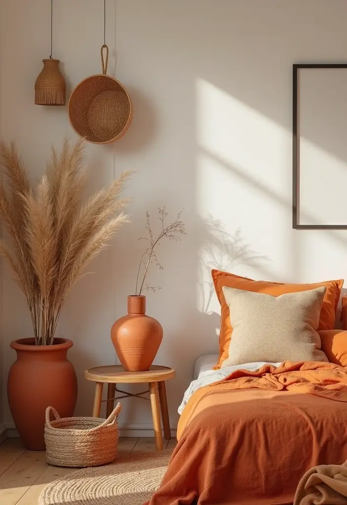 25 Burnt Orange Bedroom Ideas That Feel Warm and Trendy - 7. Earthy Accessories