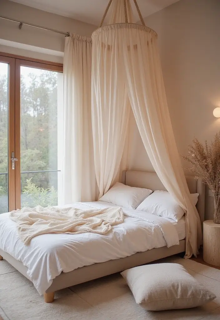 25 Low Bed Ideas for a Cozy Bedroom That Feel Zen & Grounded - 20. Soft Canopy Low Bed