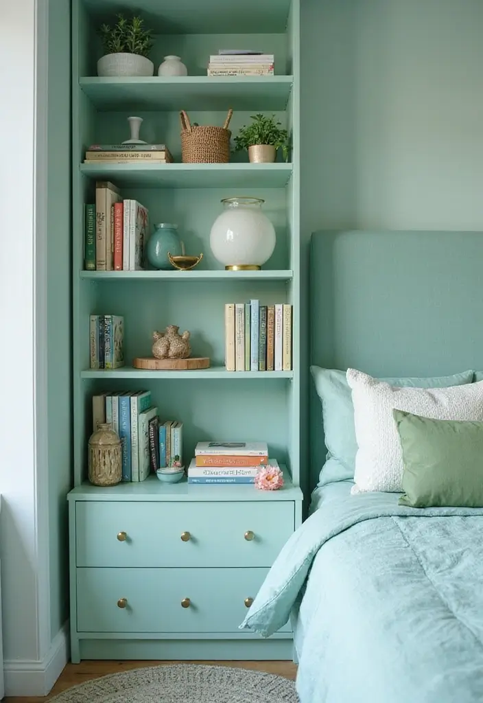 25 Mint Green Bedroom Ideas That Feel Cool & Refreshing - 14. Mint Green Bookshelves