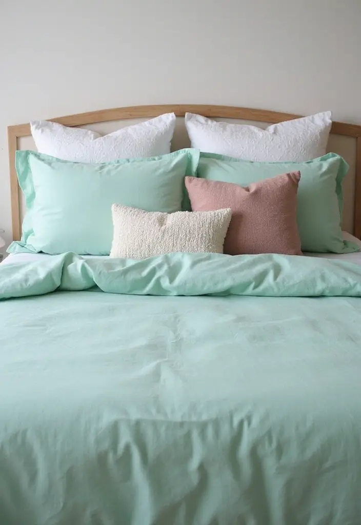 25 Mint Green Bedroom Ideas That Feel Cool & Refreshing - 2. Mint Green Bedding