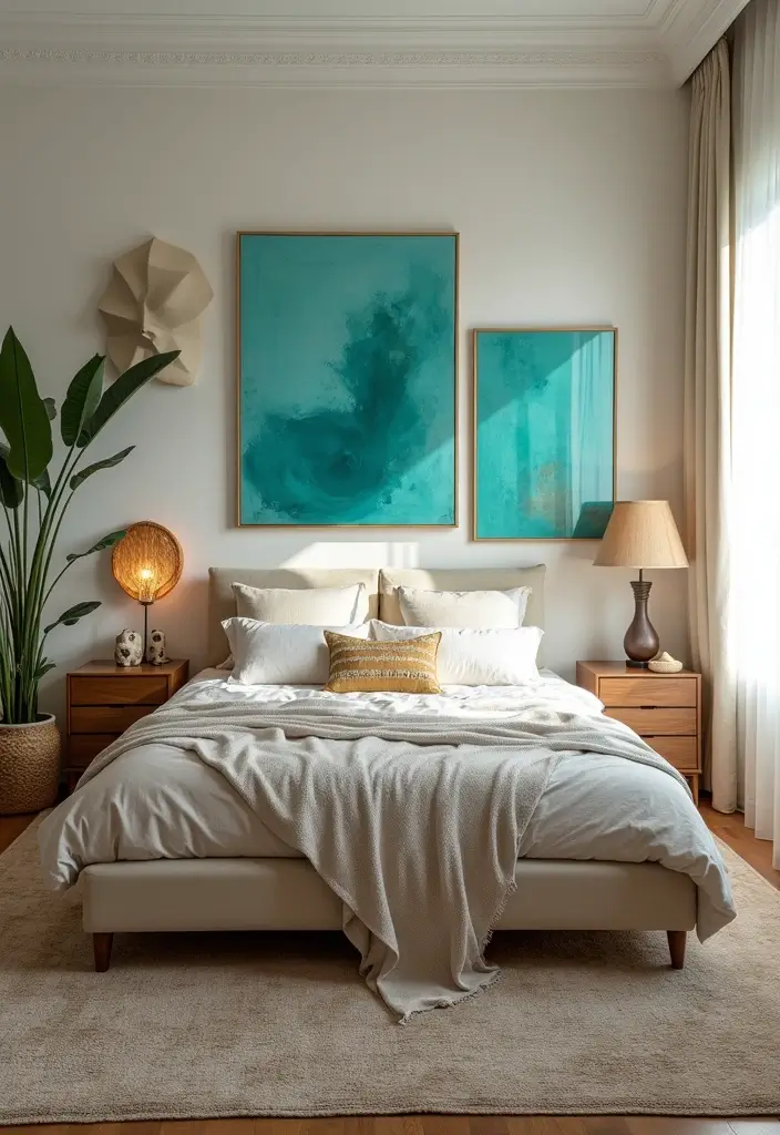 25 Turquoise Bedroom Ideas for Adults That Calm the Soul - 10. Artistic Touches