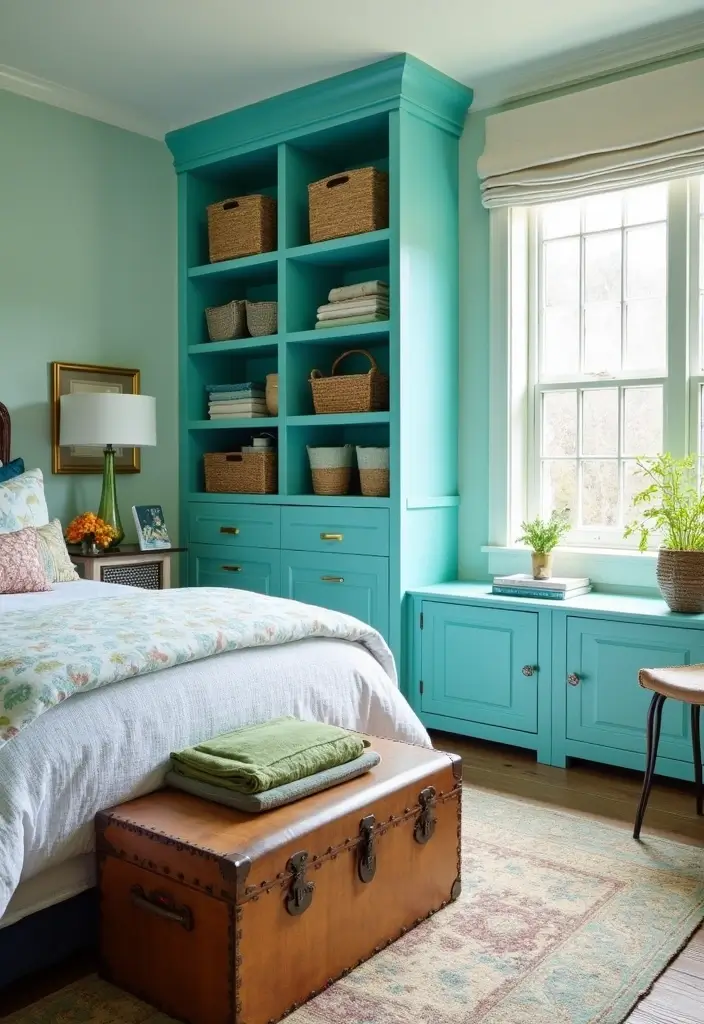 25 Turquoise Bedroom Ideas for Adults That Calm the Soul - 15. Stylish Storage Solutions