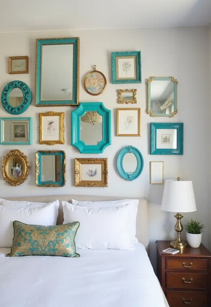 25 Turquoise Bedroom Ideas for Adults That Calm the Soul - 18. Eclectic Gallery Wall