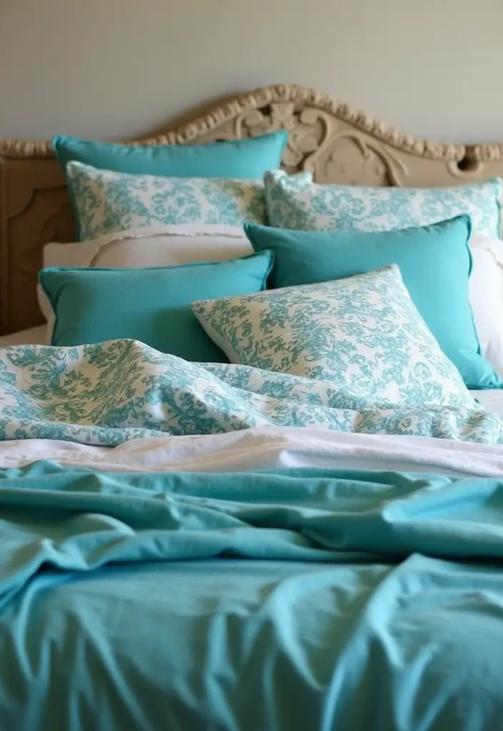 25 Turquoise Bedroom Ideas for Adults That Calm the Soul - 21. Turquoise Bedding Layers