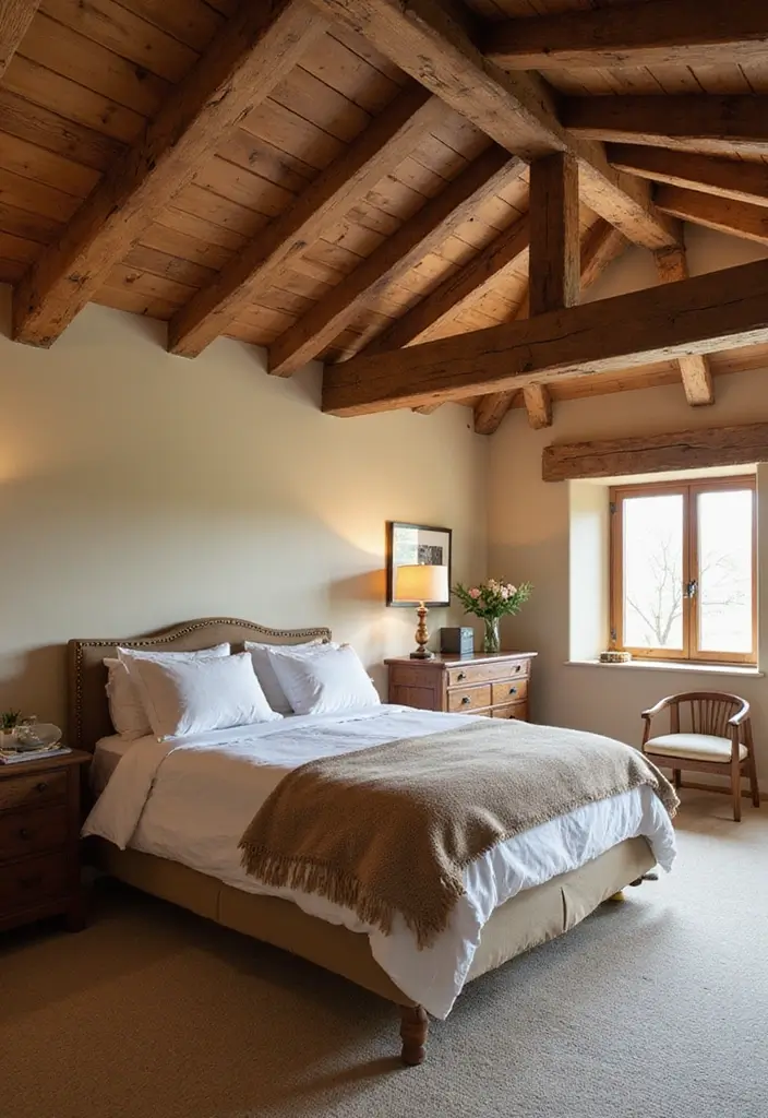 26 Country Style Bedroom Ideas That Feel Warm and Inviting - 10. Wood Beam Ceilings