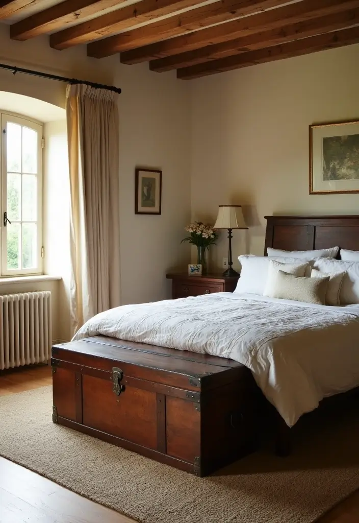 26 Country Style Bedroom Ideas That Feel Warm and Inviting - 15. Antique Trunks for Storage