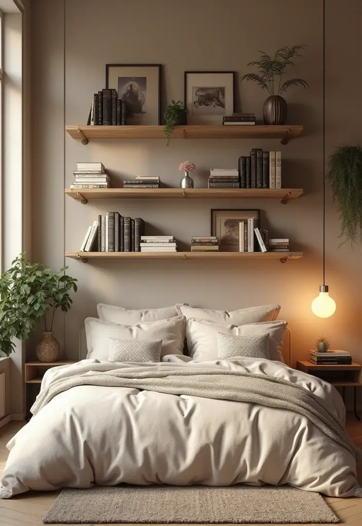 26 Country Style Bedroom Ideas That Feel Warm and Inviting - 20. Wall-Mounted Bookshelves