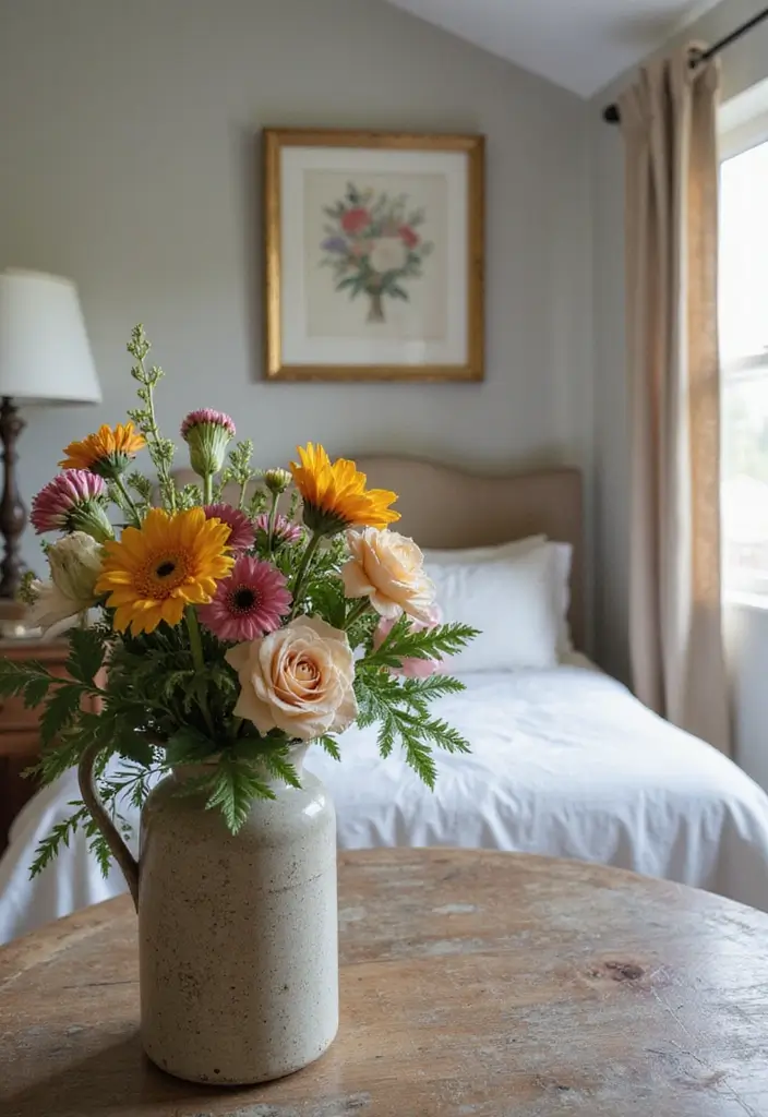 26 Country Style Bedroom Ideas That Feel Warm and Inviting - 24. Rustic Flower Arrangements