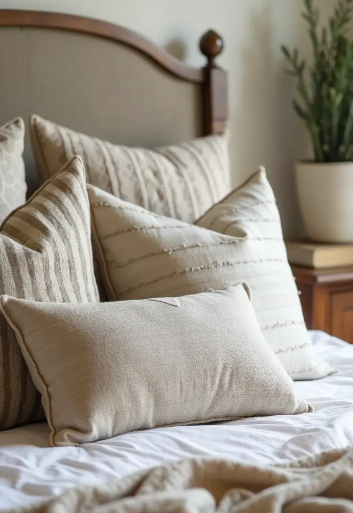 26 Country Style Bedroom Ideas That Feel Warm and Inviting - 25. Farmhouse-Inspired Decorative Pillows