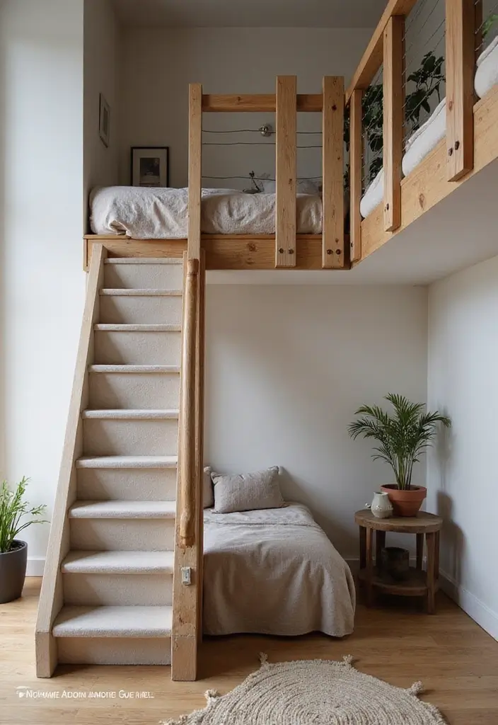 26 Ingenious Mezzanine Bedroom Small Loft Ideas - 20. Incorporate a Ladder or Staircase