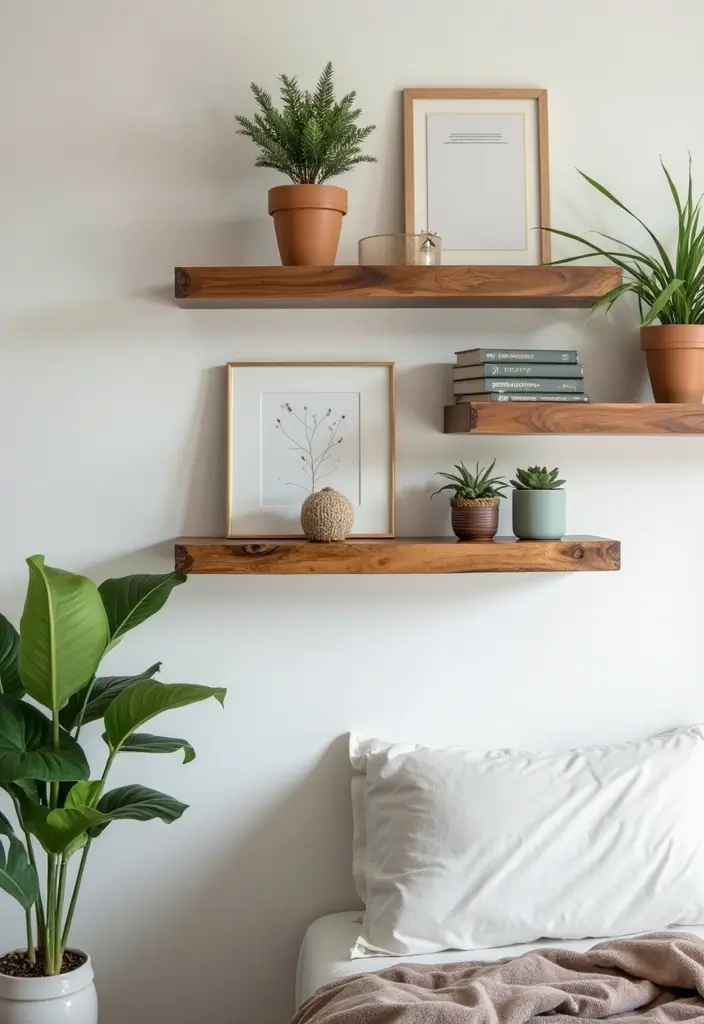 28 Corner Shelf Ideas for Bedrooms That Are Functional and Pretty - 1. Floating Shelves with Live Edge Wood