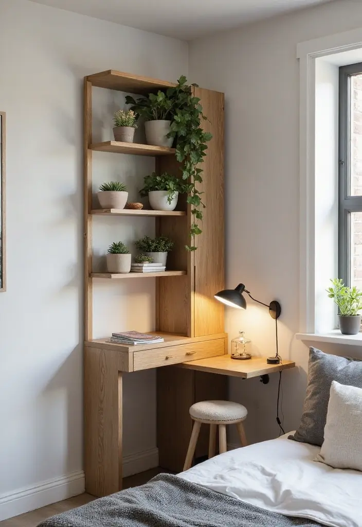 28 Corner Shelf Ideas for Bedrooms That Are Functional and Pretty - 11. Multi-Function Corner Shelf