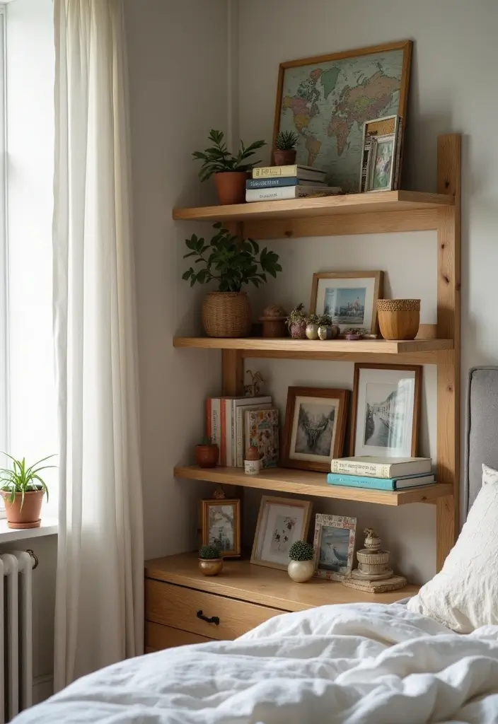 28 Corner Shelf Ideas for Bedrooms That Are Functional and Pretty - 19. Corner Shelf with Personal Mementos