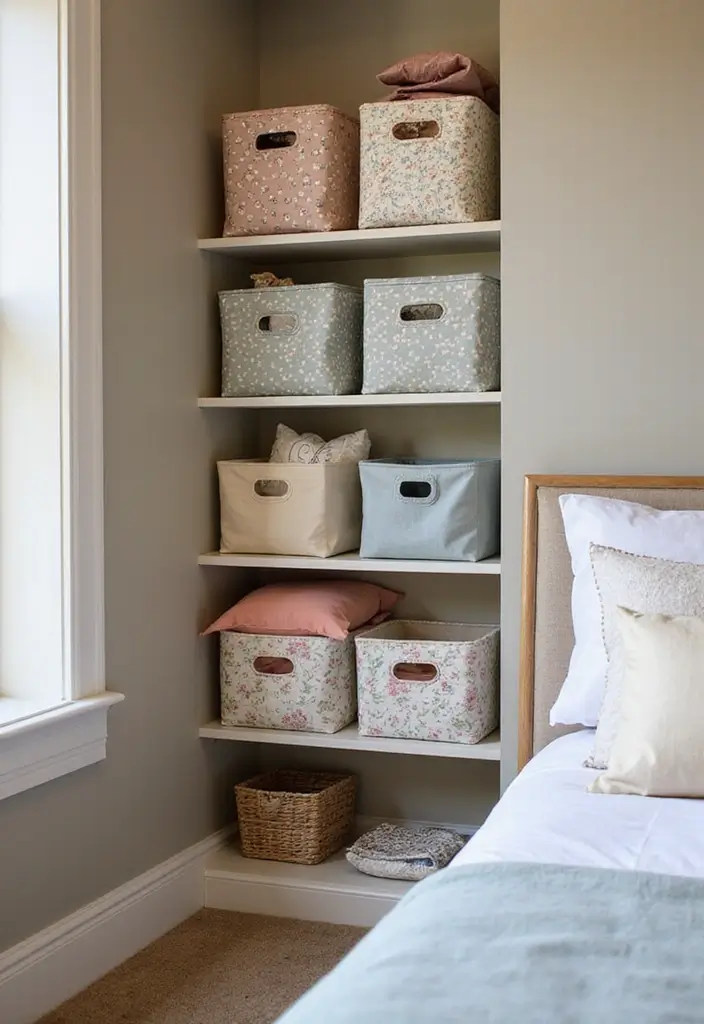 28 Corner Shelf Ideas for Bedrooms That Are Functional and Pretty - 21. Corner Shelf with Fabric Storage