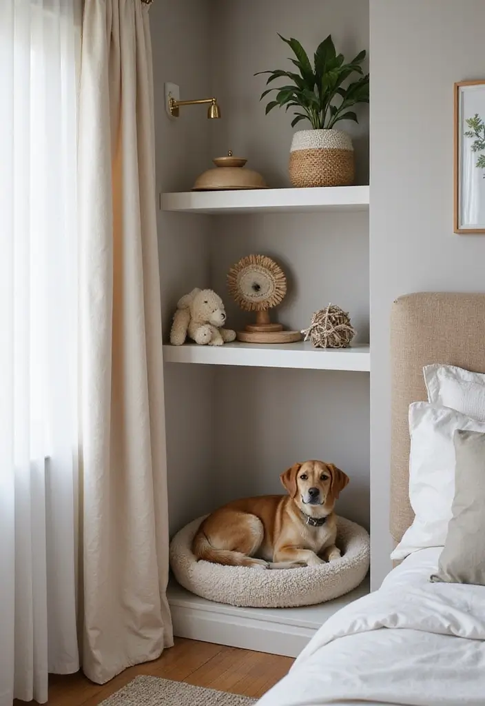 28 Corner Shelf Ideas for Bedrooms That Are Functional and Pretty - 23. Corner Shelf with a Pet Niche