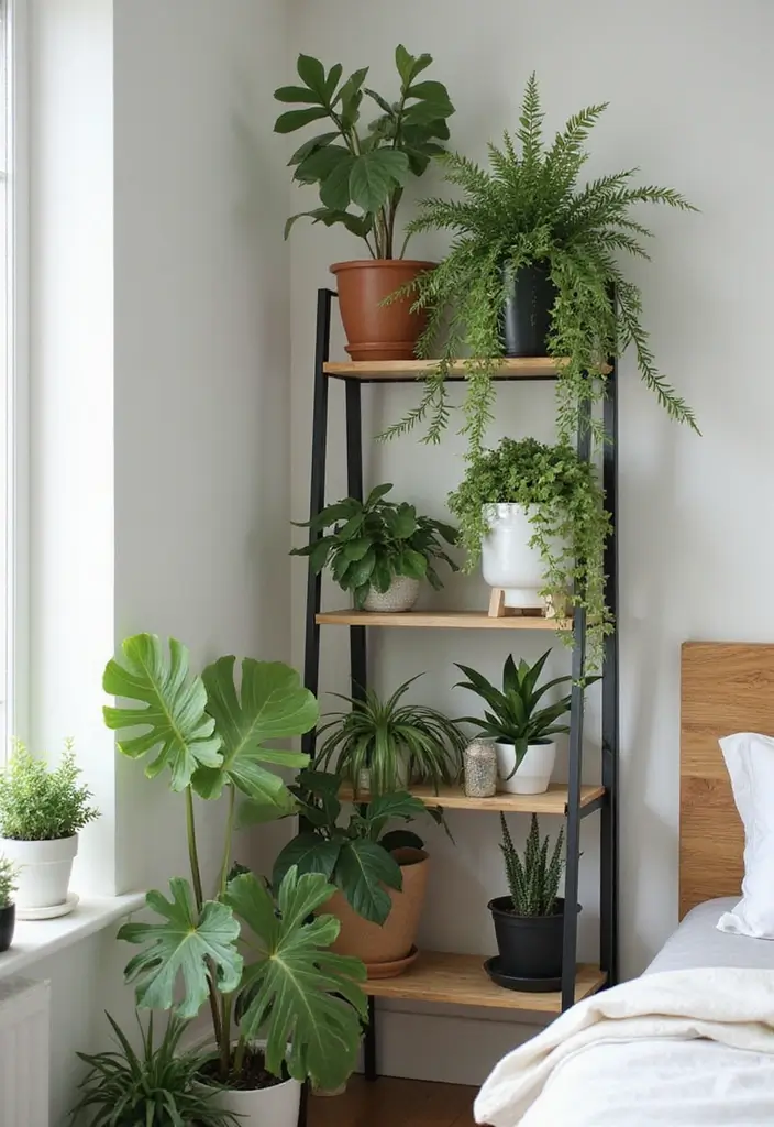 28 Corner Shelf Ideas for Bedrooms That Are Functional and Pretty - 24. Corner Shelf as a Plant Stand