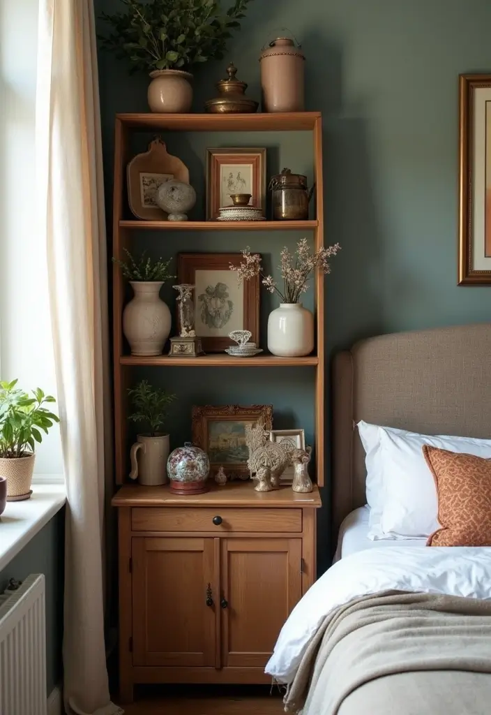 28 Corner Shelf Ideas for Bedrooms That Are Functional and Pretty - 27. Corner Shelf with Vintage Finds
