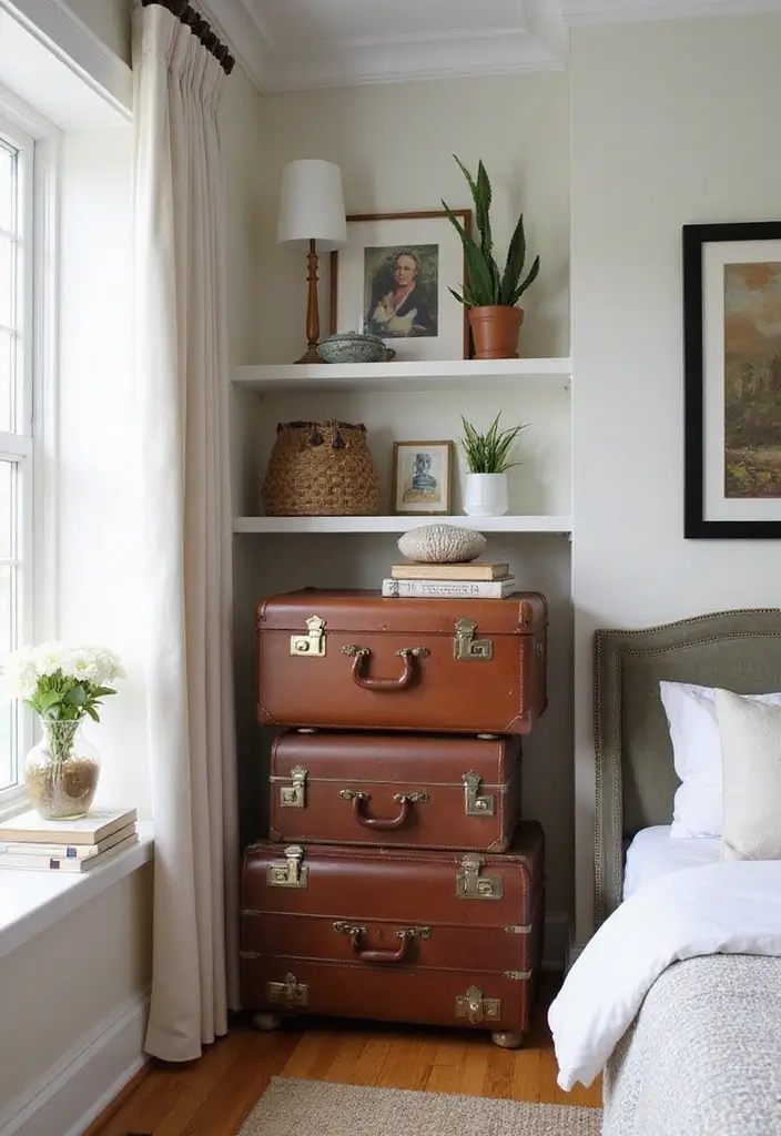 28 Corner Shelf Ideas for Bedrooms That Are Functional and Pretty - 4. Vintage Suitcase Shelves