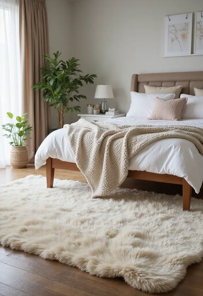 28 Modern Bedroom Interior Design Ideas That Feel Luxe & Serene - 18. Soft Area Rugs