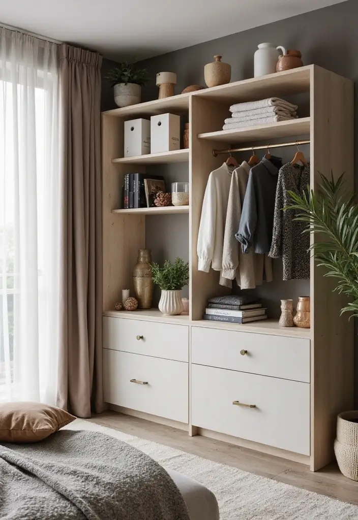 30 Bedroom Wardrobe Design Ideas That Maximize Space Beautifully - 20. Floating Wardrobe Shelves