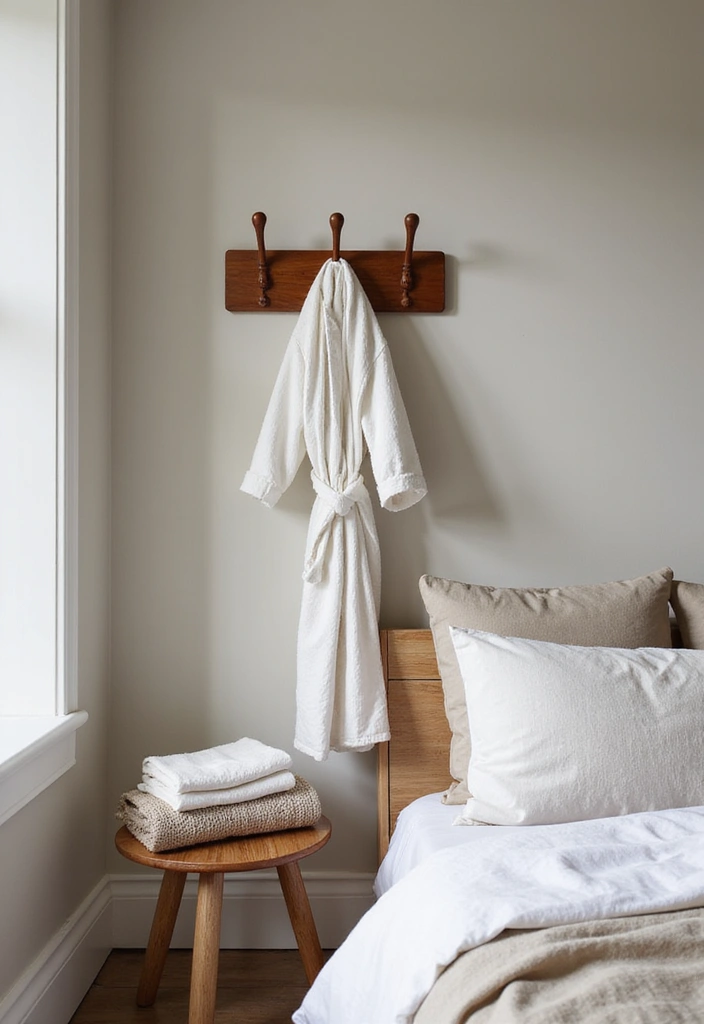 30 Cherry Wood Bedroom Decor Ideas That Feel Rich and Cozy - 24. Cherry Wood Bathrobe Hooks