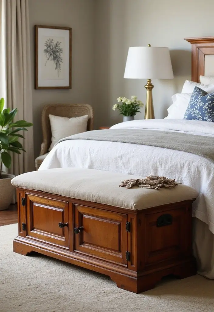 30 Cherry Wood Bedroom Decor Ideas That Feel Rich and Cozy - 26. Cherry Wood Bench with Storage