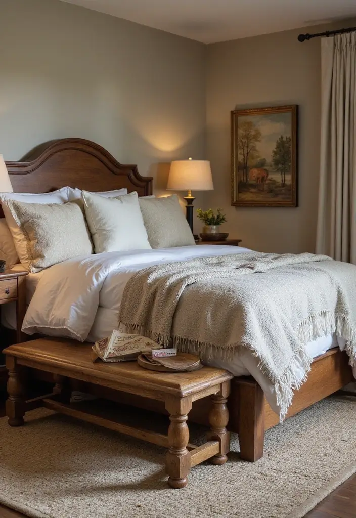 30 Cherry Wood Bedroom Decor Ideas That Feel Rich and Cozy - 5. Cherry Wood Bench at the Foot of the Bed