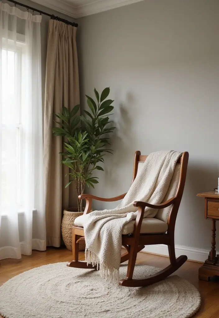 30 Cherry Wood Bedroom Decor Ideas That Feel Rich and Cozy - 7. Cozy Cherry Wood Rocking Chair