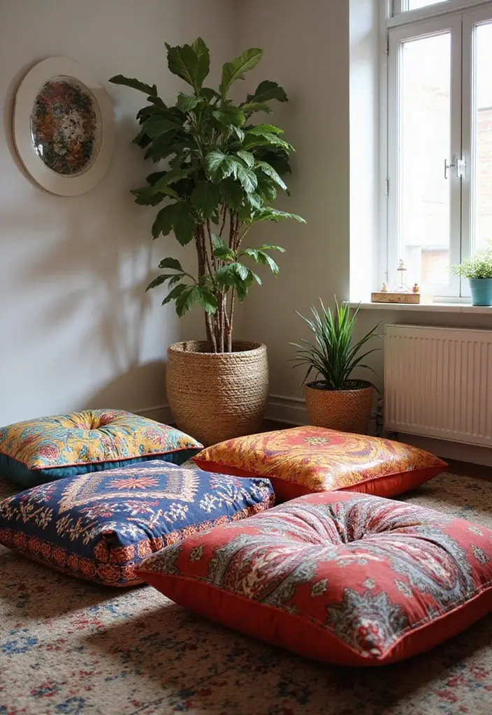 30 Cozy Boho Bedroom Ideas That Feel Dreamy and Relaxed - 23. Floor Cushions for Relaxation