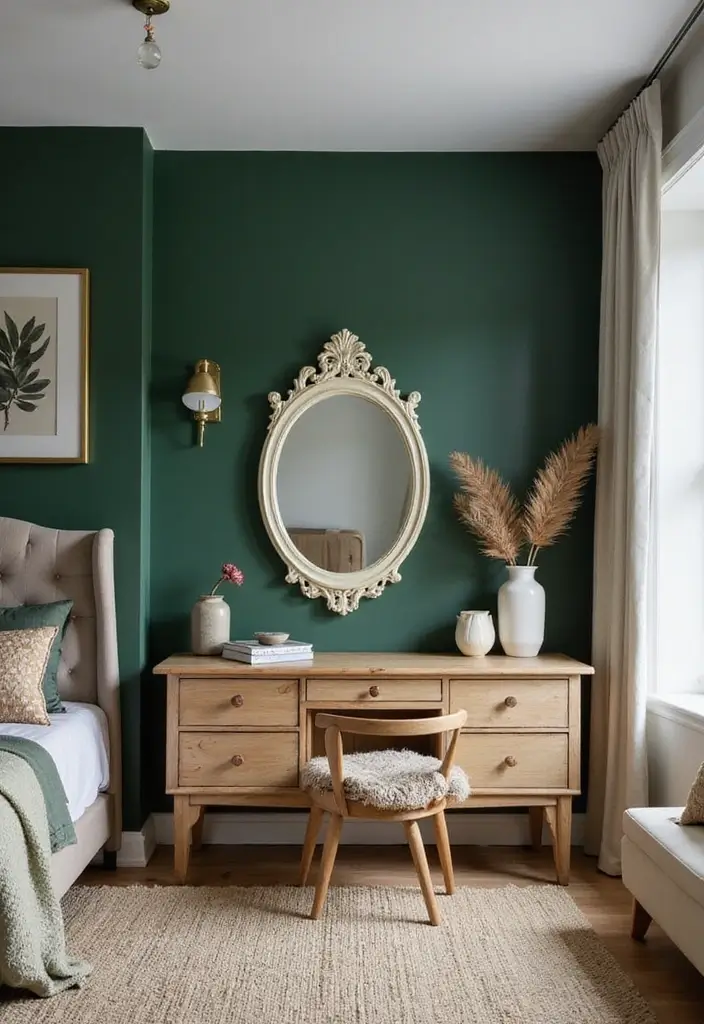 30 Dark Green Bedroom Ideas That Feel Cozy, Calm & Luxurious - 1. Forest Green Wall Treatment