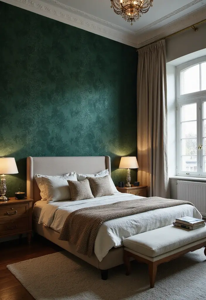 30 Dark Green Bedroom Ideas That Feel Cozy, Calm & Luxurious - 11. Textured Wallpaper