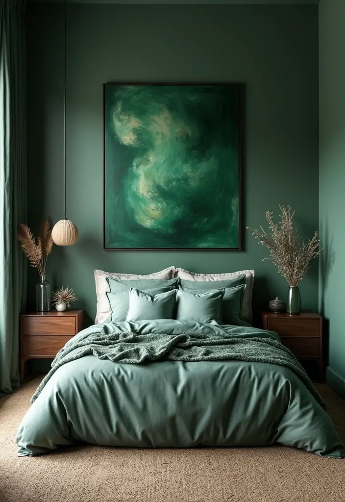 30 Dark Green Bedroom Ideas That Feel Cozy, Calm & Luxurious - 16. Dark Green Artwork