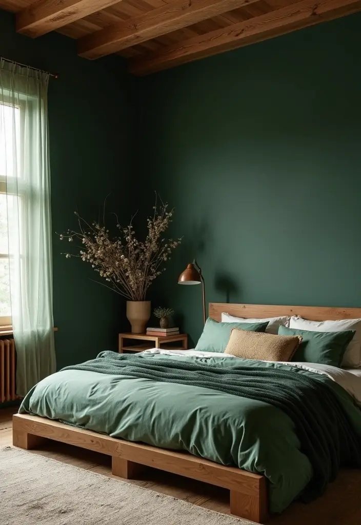 30 Dark Green Bedroom Ideas That Feel Cozy, Calm & Luxurious - 18. Green and Natural Wood Combo