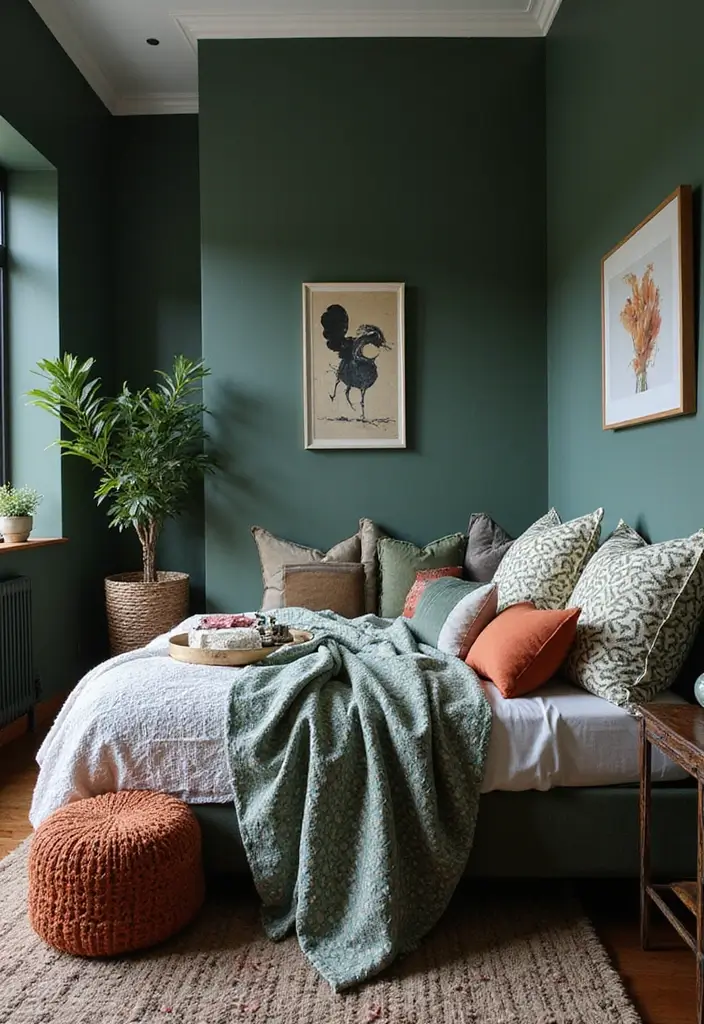 30 Dark Green Bedroom Ideas That Feel Cozy, Calm & Luxurious - 22. Mix of Patterns