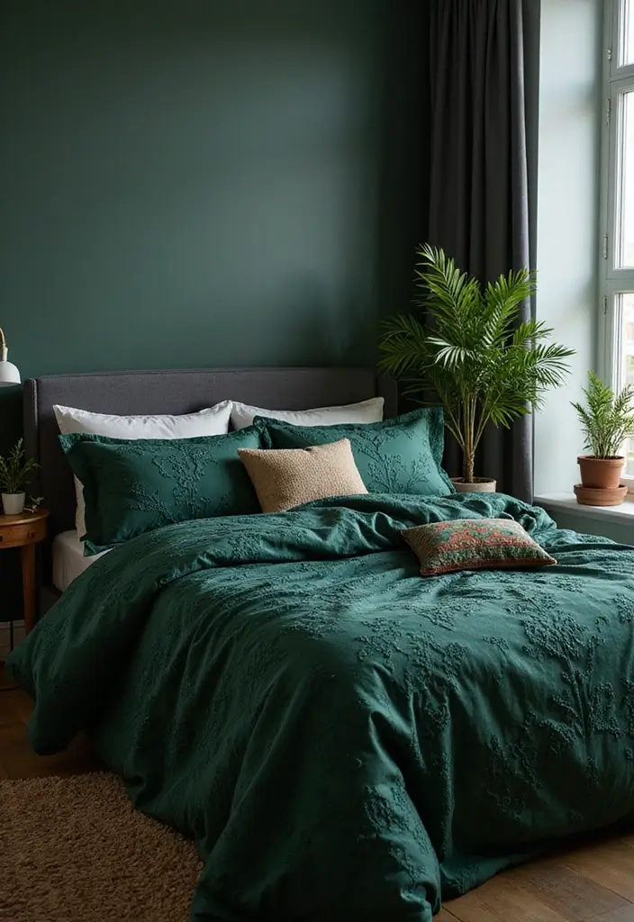 30 Dark Green Bedroom Ideas That Feel Cozy, Calm & Luxurious - 29. Dark Green Bedding Sets
