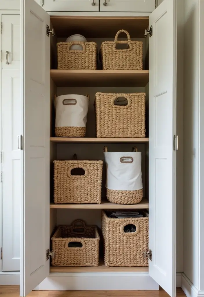 30 Inside Cupboard Ideas Bedroom That Maximize Storage - 26. Use of Baskets for Batching Items