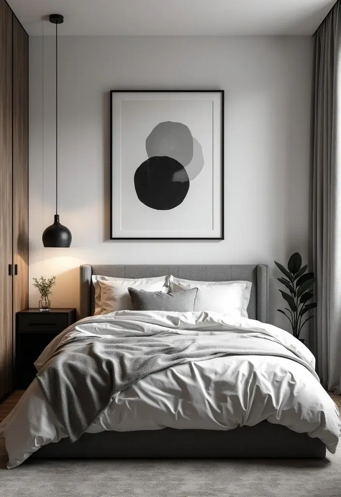 30 Men’s Small Bedroom Ideas That Feel Minimal & Masculine - 5. Minimalist Wall Art
