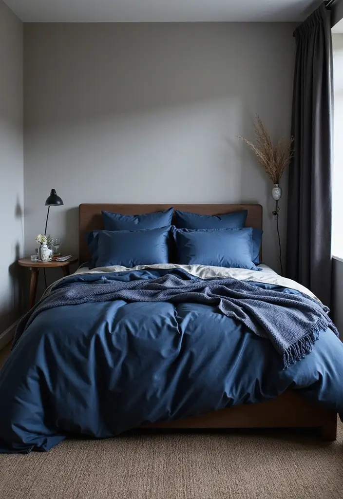 30 Midnight Blue Bedroom Ideas That Feel Bold and Sophisticated - 30. Midnight Blue Bedding Accessories
