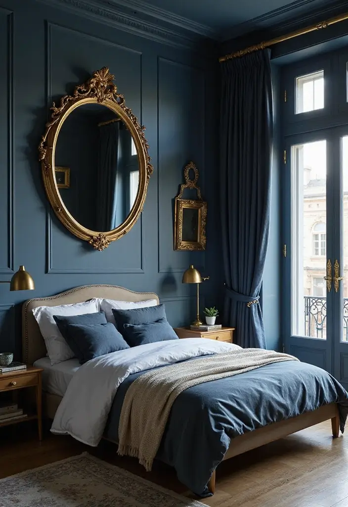 30 Midnight Blue Bedroom Ideas That Feel Bold and Sophisticated - 7. Midnight Blue and Gold Accents
