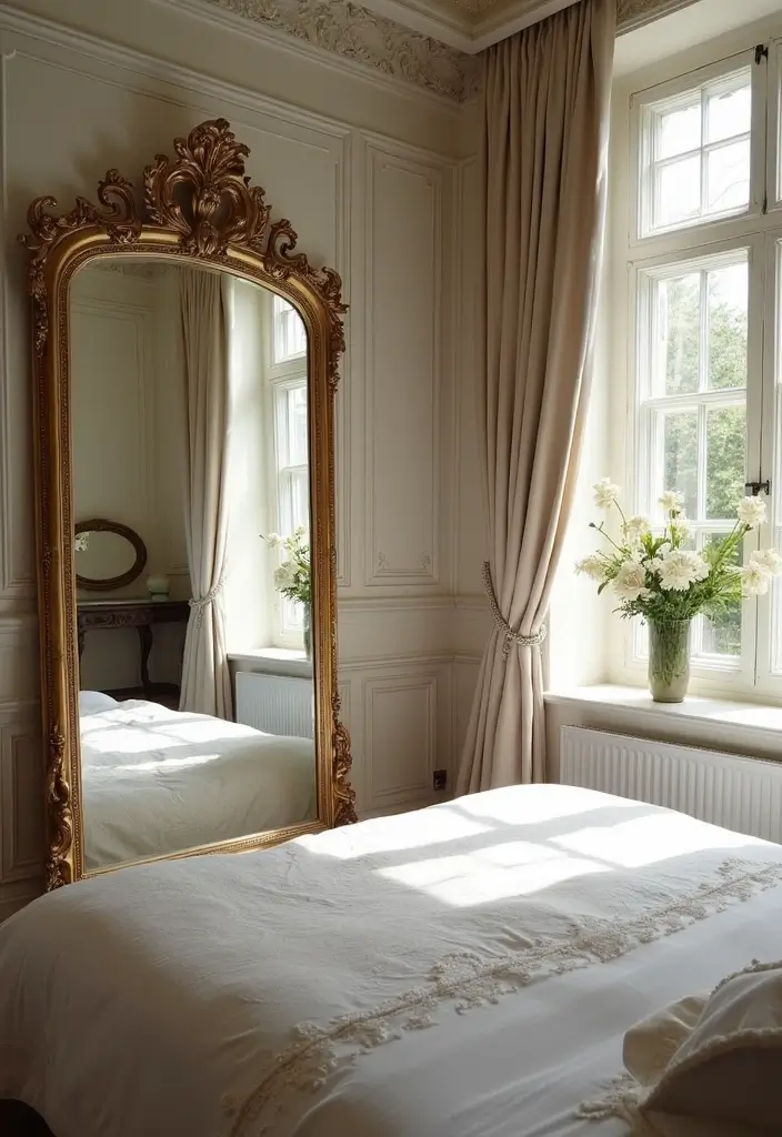 30 Modern Victorian Bedroom Ideas That Blend Old and New Perfectly - 14. Using Mirrors to Enhance Light
