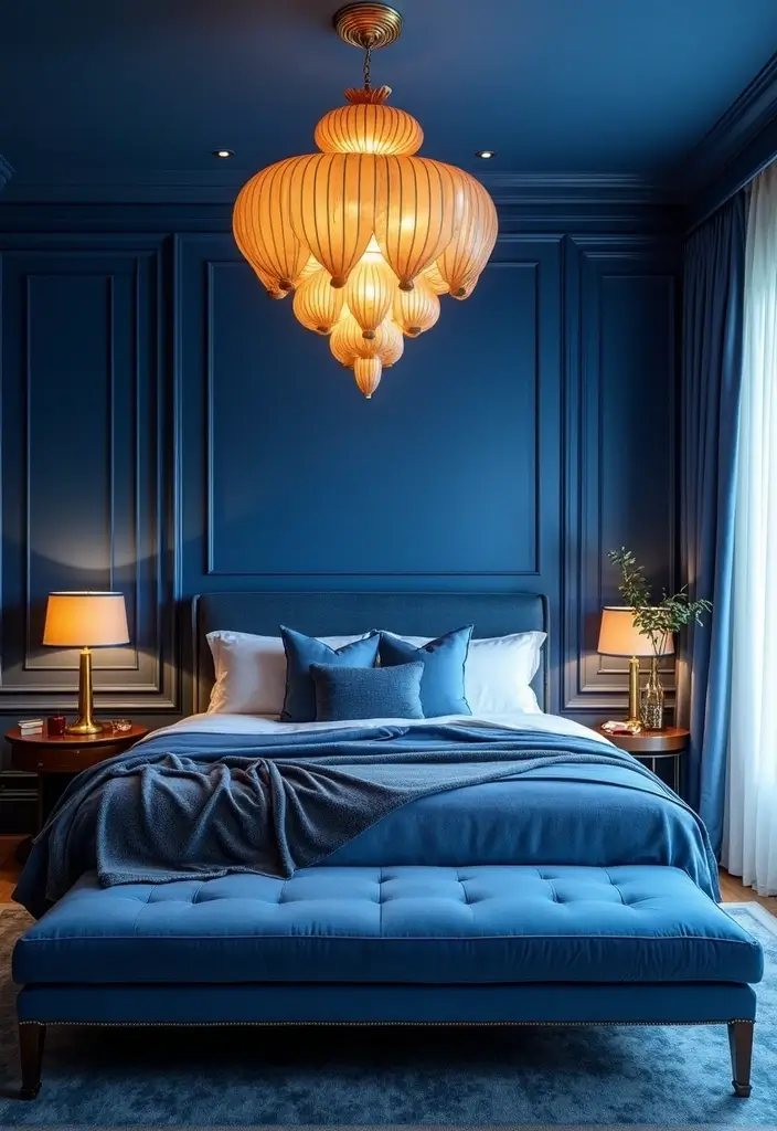30 Royal Blue Room Ideas Bedroom That Feel Elegant & Relaxing - 10. Unique Light Fixtures