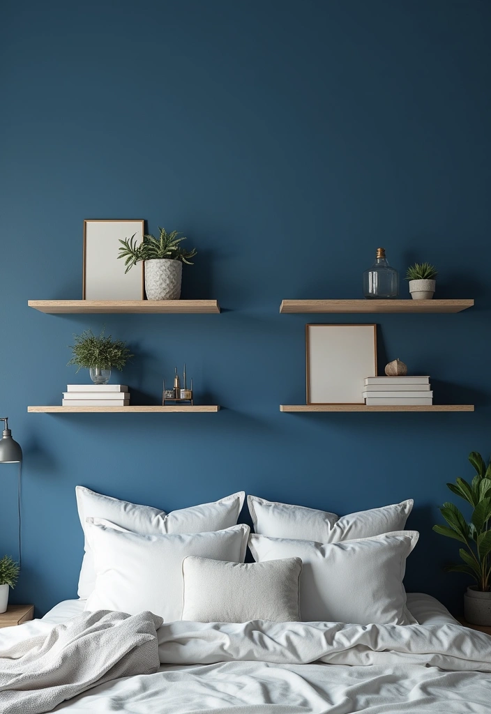 30 Royal Blue Room Ideas Bedroom That Feel Elegant & Relaxing - 12. Floating Shelves
