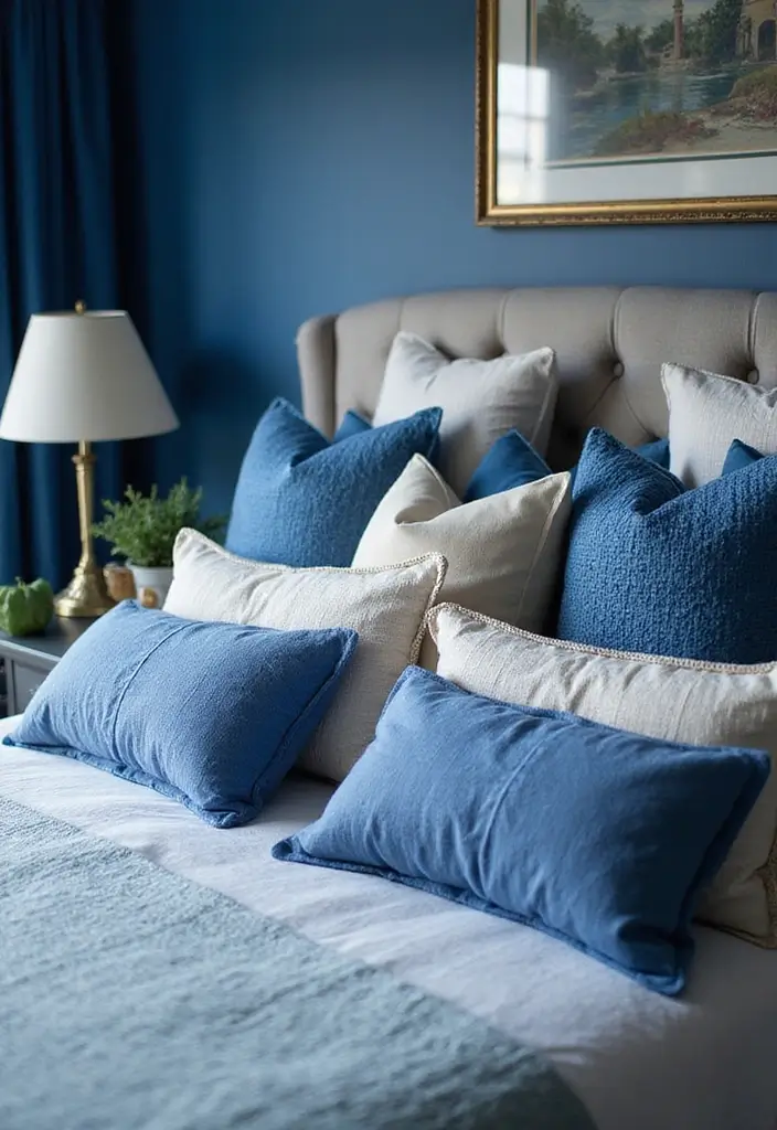 30 Royal Blue Room Ideas Bedroom That Feel Elegant & Relaxing - 25. Accent Pillows