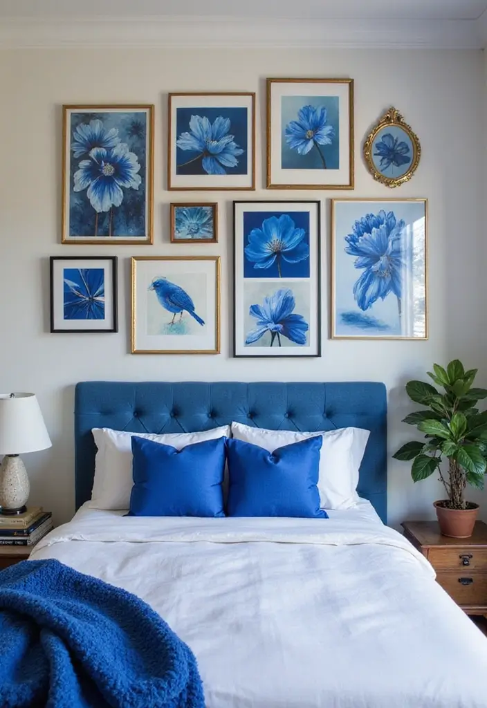 30 Royal Blue Room Ideas Bedroom That Feel Elegant & Relaxing - 7. Artistic Wall Decor