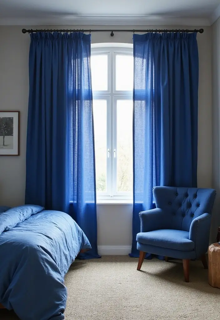 30 Royal Blue Room Ideas Bedroom That Feel Elegant & Relaxing - 9. Elegant Window Treatments