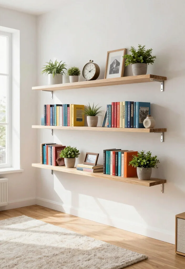 15 Book Shelves in Living Room Ideas: Stylish Storage - 1. Floating Shelves for an Airy Feel 1