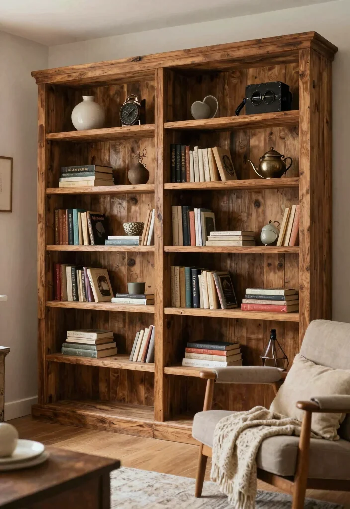 15 Book Shelves in Living Room Ideas: Stylish Storage - 14. Rustic Wood Bookshelves 1